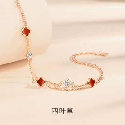 原创四叶草S925纯银双层手链女森系简约气质手镯玛瑙镶钻手饰批发送女朋友老婆情人节七夕生日礼物