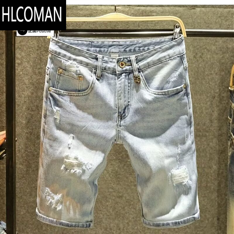 HLCOMAN浅色破洞牛仔裤男高端夏季薄款宽松短裤潮牌印花休闲百搭五分裤子