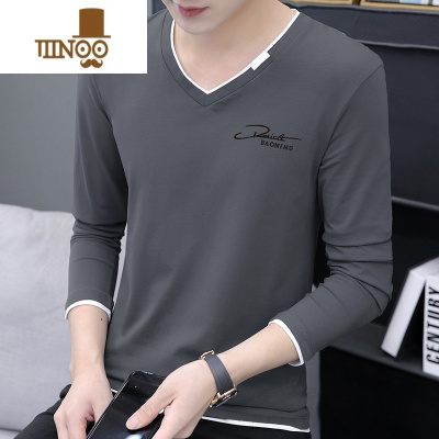 YANXU长袖男士T恤2023春装新款v领英伦风修身衫休闲简约上衣