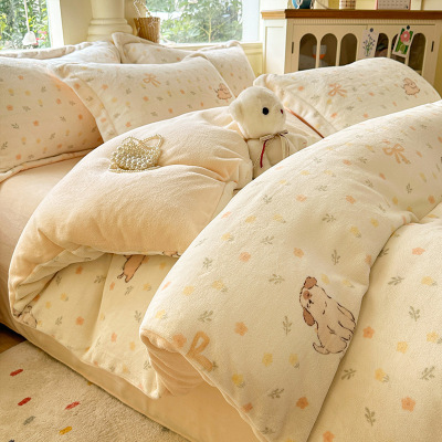 新款卡通牛奶绒床上四件套秋冬加厚珊瑚绒床单被套罩加绒床品