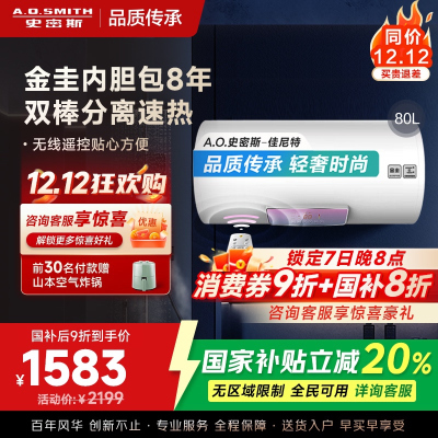 AO史密斯佳尼特 80升电热水器 金圭内胆8年免费包换 双棒分离速热 可遥控大屏 CTE-80TT 储水式