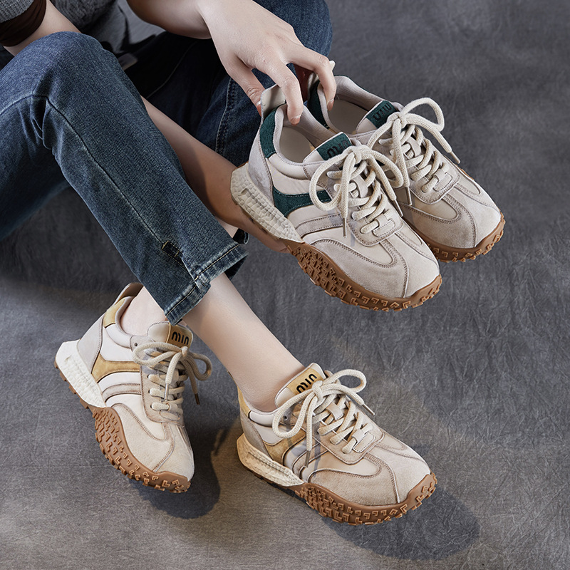 隐形增高复古真皮德训鞋女年春季厚底超火阿甘运动百搭老爹鞋
