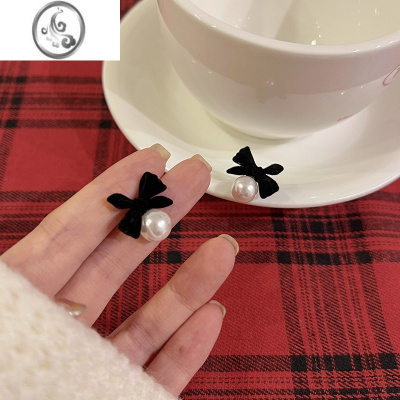 JiMi黑色蝴蝶结珍珠耳环女小众设计感高级气质名媛耳钉小香风耳饰银银