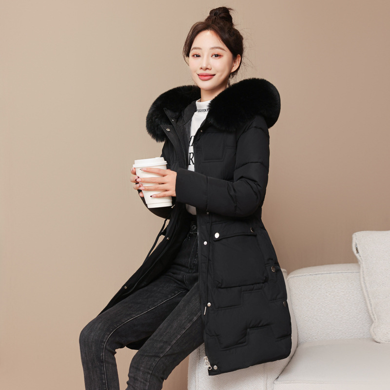 棉服棉衣女冬季韩系外套新款韩版长款修身收腰大毛领棉袄加厚