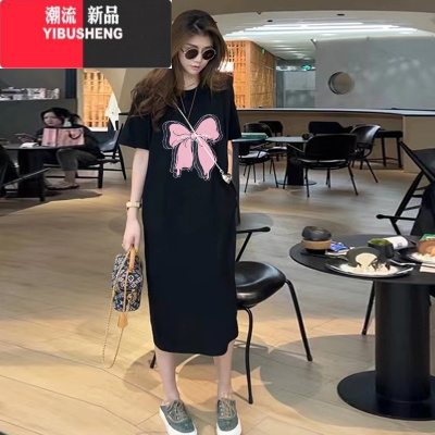 YIBUSHENG慵懒风t恤裙女2024年季新款欧货大码胖mm宽松中长款过膝连衣裙