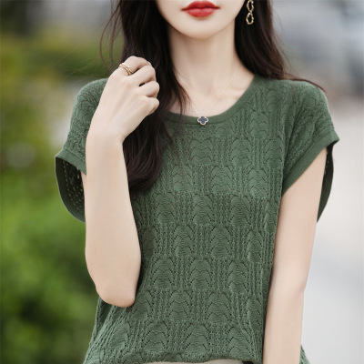 年夏季新款圆领短袖棉线针织T恤衫女宽松钩花镂空上衣