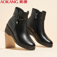 奥康女靴冬季休闲高帮加绒妈妈棉鞋牛皮女士短靴保暖棉皮鞋