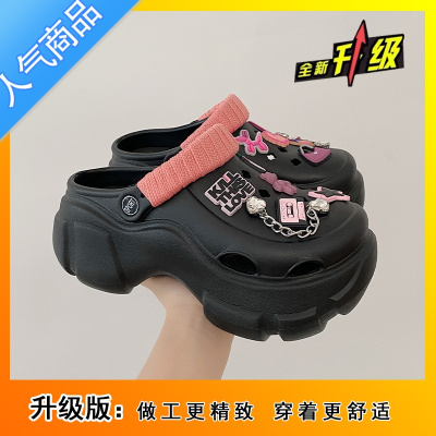 SUNTEK踩屎感厚底防滑洞洞鞋女款夏季外穿2023新款黑色网红沙滩包头凉鞋