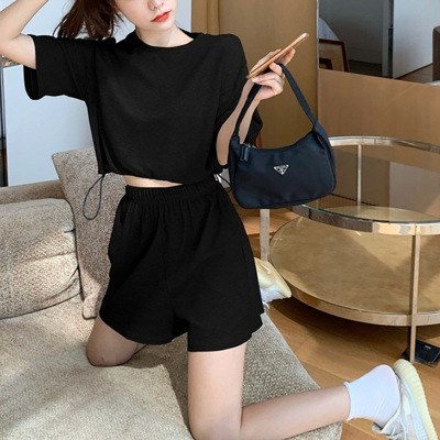 休闲时尚套装夏季短款抽绳上衣短袖T恤女高腰阔腿短裤两件套新款