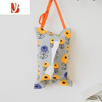 三维工匠丹麦设计田园风纸巾袋车载椅背抽纸包布艺可爱家用纸巾盒挂式车用 带挂绳-灰黄花朵