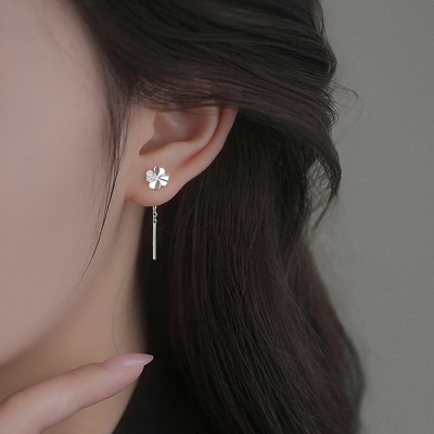 s925银四叶花耳线耳环女轻奢小众设计高级感短款耳钉耳链精致耳饰送女朋友老婆情人节七夕生日礼物