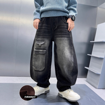 男童加绒牛仔裤一体绒新款中大童工装裤秋冬儿童阔腿裤子加厚
