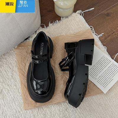 聚范黑色圆头粗跟厚底小皮鞋女夏季2024新款百搭日系复古法式玛丽珍鞋