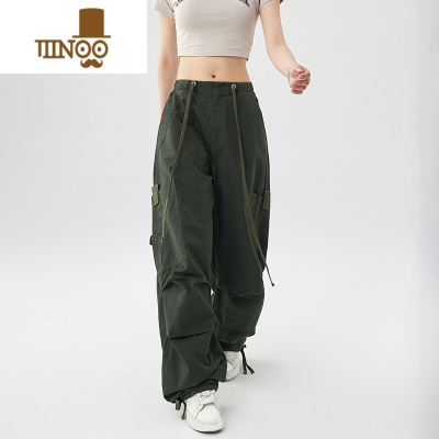 YANXU美式复古墨绿色工装裤女阔腿休闲裤子男降落伞兵裤夏潮牌街舞