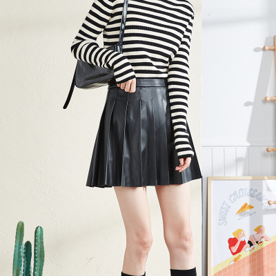 [2.5折价74元]唐狮半身裙秋冬季新款a字百褶裙黑色皮裙防走光内衬高腰短裙