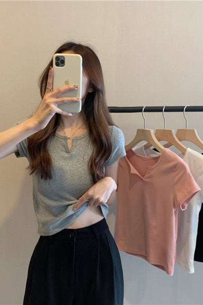 短款女夏季设计感粉色修身露脐辣妹女装T恤短袖夏季新款纯色衣服