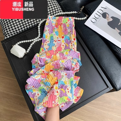 YIBUSHENG彩色卡通小熊冰丝阔腿裤女季薄款高腰慵懒防晒凉凉休闲裤多巴胺