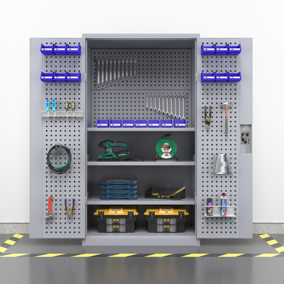 臻远重型五金工具柜铁皮柜双开门置物柜多功能零件柜~四层板+门挂板+背挂板灰白色