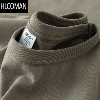 HLCOMAN300g美式复古t恤男短袖磨毛简约纯色上衣圆领打底衫tee