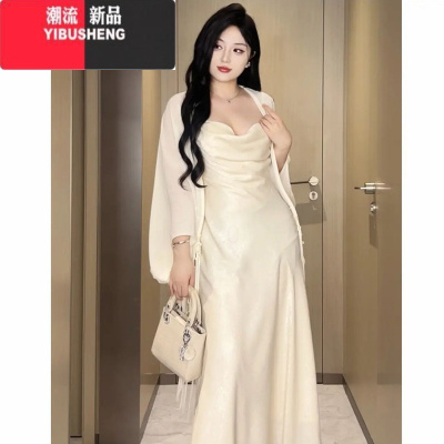 YIBUSHENG性感纯欲风露背荡领吊带连衣裙女大码微胖mm显瘦长裙披肩两件套
