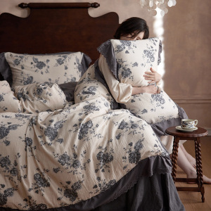 法式花边!田园风皱皱纱四件套a类母婴级纯棉双层纱床单被套4