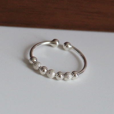 S925纯银磨砂珠子转动开口戒指串珠圆珠指环简约个性韩版银饰女送女朋友老婆情人节七夕生日礼物