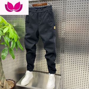 七斓男士新款拼接九分条纹束脚牛仔裤韩版修身小脚长裤哈伦休闲裤