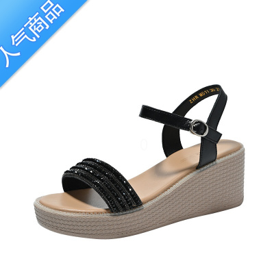 SUNTEK坡跟凉鞋女2023新款水钻厚底一字带超仙女粗跟时尚高跟鞋