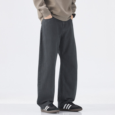 |港风秋季宽松弯刀款简约设计感男青少年垂感拖地纯色长裤