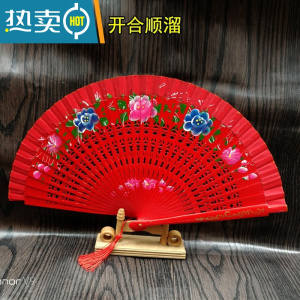 XIANCAI舞蹈扇古风红色扇子实木扇骨开合顺溜双面扇旗袍舞台走秀表演折扇 红 大红镂空-粉花