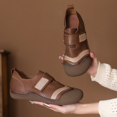 头层牛皮年秋季新款圆头民族风拼色魔术贴休闲平底单鞋套脚鞋