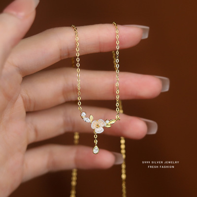 轻奢锆石森系花朵项链女s999纯银小众百搭足银栀子花锁骨链仙女风送女朋友老婆情人节七夕生日礼物