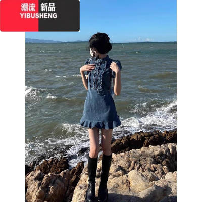 YIBUSHENG国风新中式牛仔连衣裙女装新款高级感看裙子收腰显瘦包臀裙