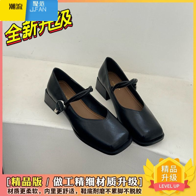 聚范复古方头粗跟玛丽珍鞋女2024年夏季新款仙女风温柔一字带中跟单鞋