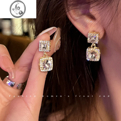 JiMi冰糖巧奇~轻奢精致锆石方形耳钉简约设计小香风复古高级感耳环潮
