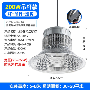 匹牧PM-GKD-0008足瓦高亮led工矿鳍片灯隔离宽压95-265v照明吊灯200W - 吊杆款白光 单位:个
