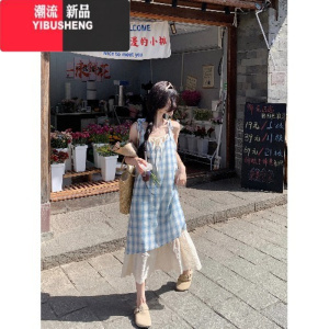 YIBUSHENG小清新撞色格子吊带裙女季假两件刺绣A字裙连衣裙伞裙