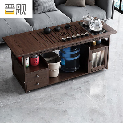 晋舰 移动茶台家用竹木小茶桌烧水壶一体简约现代功夫茶几120长茶字面玻璃电器+黑陶茶具