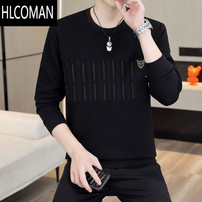 HLCOMAN圆领卫衣男士潮牌黑色休闲长袖t恤加绒刺绣男款打底衫