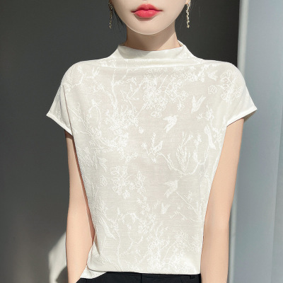 高级感蕾丝透气镂空天丝打底衫女士半高领针织三分袖套头背心