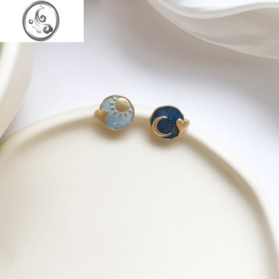 JiMi小众创意复古蓝色系无耳洞耳夹S925银银针耳饰少女AB不对称耳钉