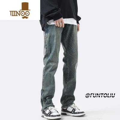 YANXU水洗复古牛仔裤男款夏季美式高街拉链修身裤子潮牌显瘦直筒休闲裤