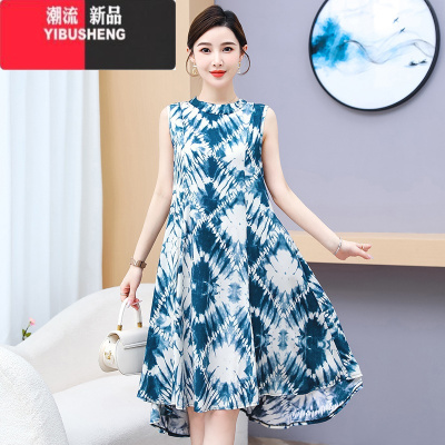 YIBUSHENG季棉绸连衣裙中长款气质沙滩裙宽松加大码大摆妈妈减龄裙子显瘦