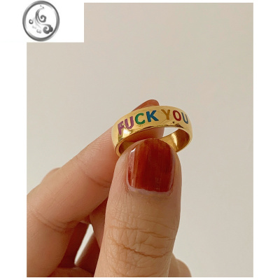 JiMiGJ 欧美ins个性撞色英文字母戒指女小众废话钛钢镀金保色指环