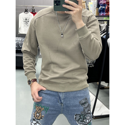 卫衣秋冬潮牌个性破洞纹理纯色打底衫男装宽松休闲百搭男长袖T恤_1