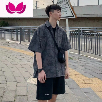 七斓扎染衬衫男2022韩版潮流宽松ins夏季新款短袖港风情侣五分袖衬衣