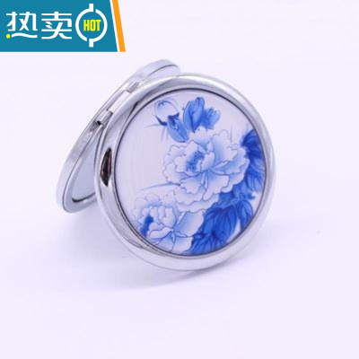 敬平可爱金属化妆镜随身便携美容小镜子折叠创意迷你山水画双面圆镜便携式用镜 青花牡丹#