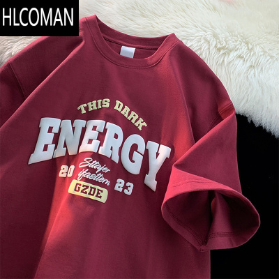 HLCOMAN酒红色美式短袖t恤男夏季2025新款宽松半袖衣服