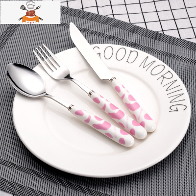 创意刀叉勺西餐套装不锈钢餐具三件套牛排刀子西餐刀叉勺子牛扒刀 敬平 粉牛[1刀1叉1勺]