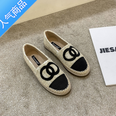 SUNTEK平底渔夫鞋女小香风2023新款春秋草编一脚蹬懒人鞋乐福鞋休闲单鞋